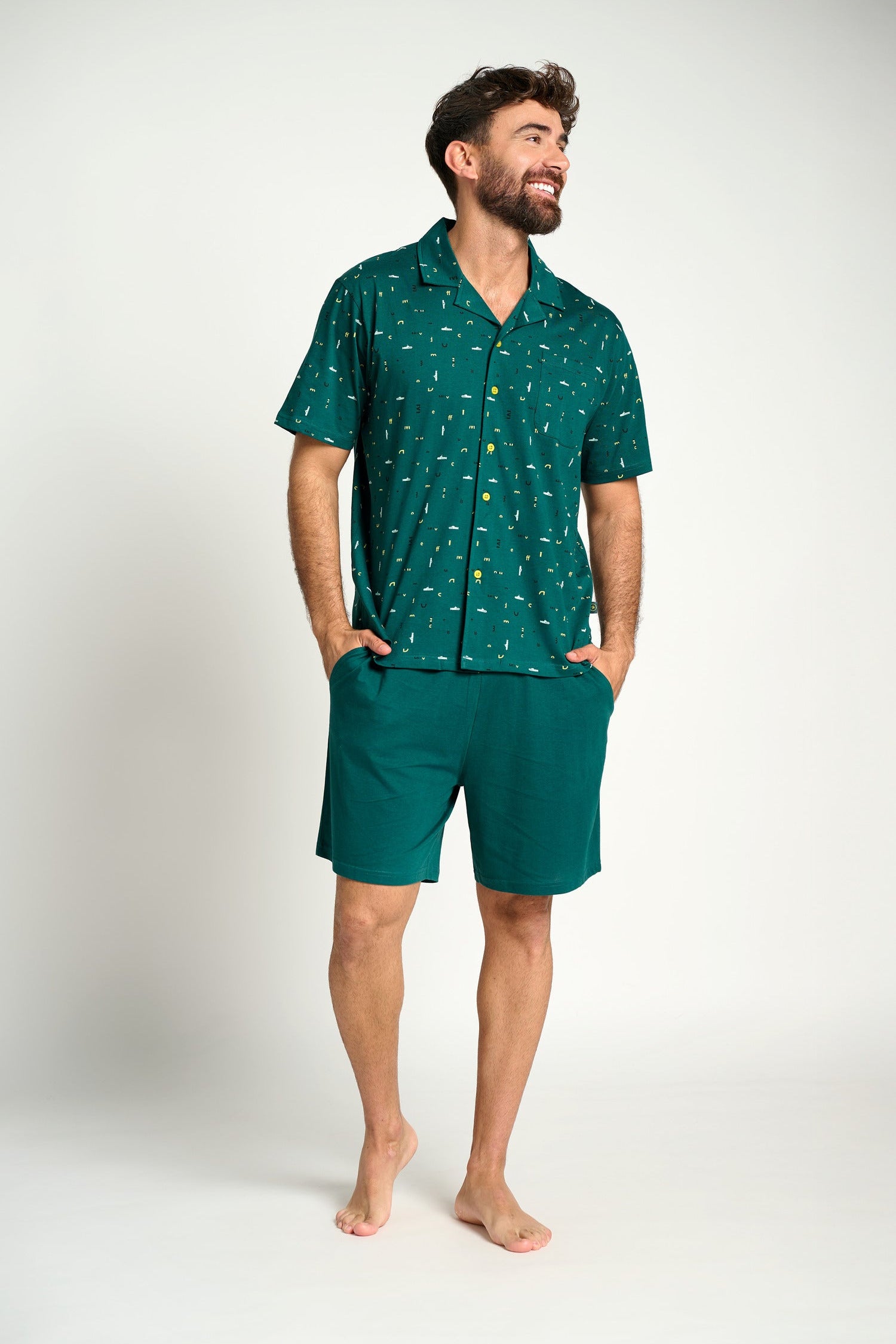 Pigiama corto da uomo in cotone stile camicia, colore verde | MUYDEMI