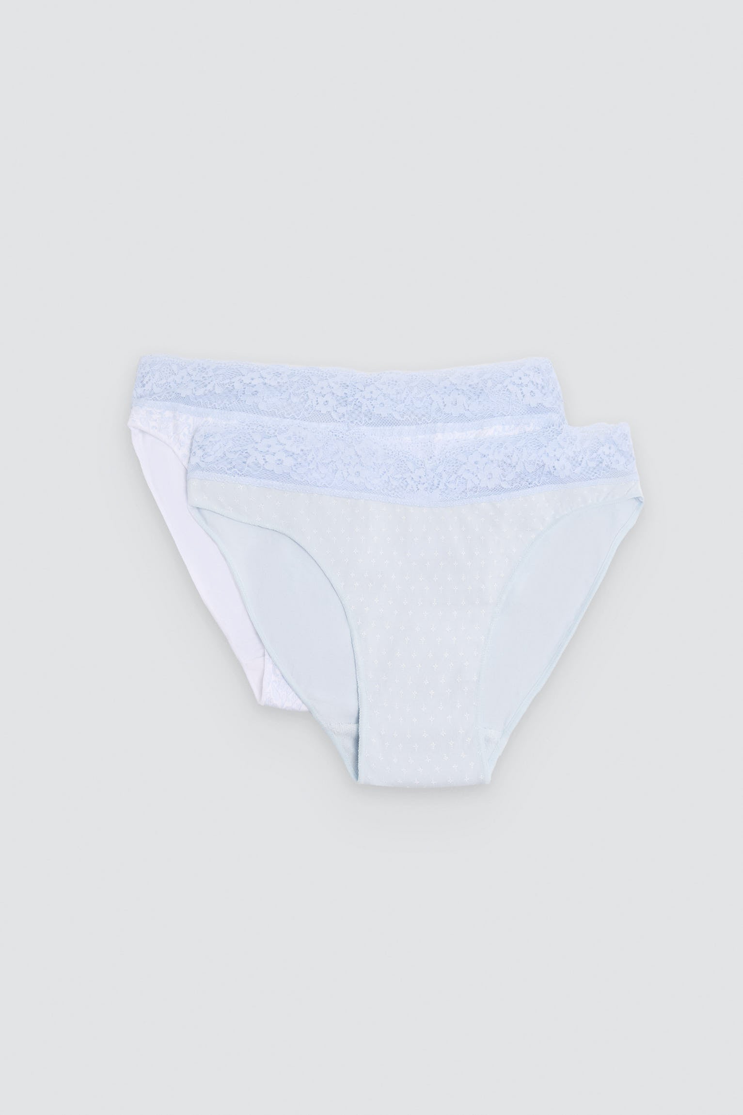 Confezione da 2 slip mini stampati in cotone con bordo in pizzo, blu