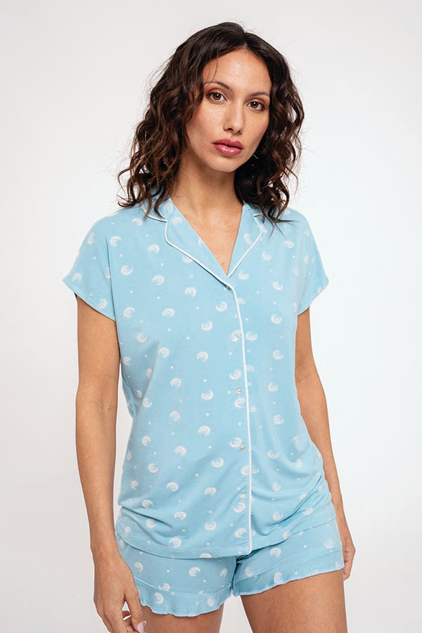 Pigiama donna con bottoni corti stampato blu | MUYDEMI