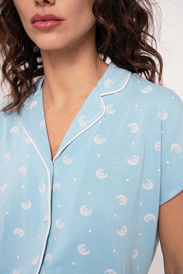 Pigiama donna con bottoni corti stampato blu | MUYDEMI