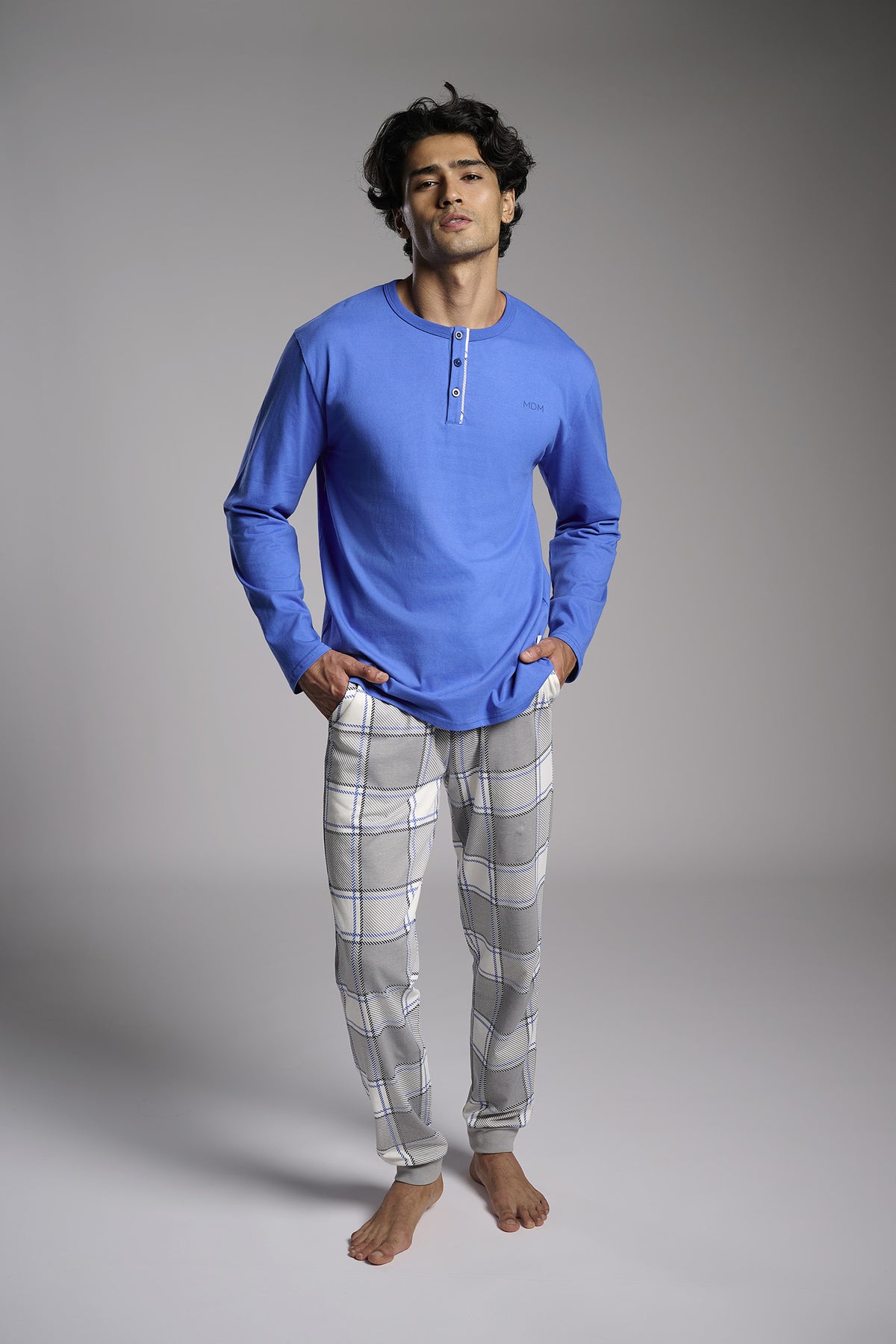 Pigiama lungo uomo cotone cuello henley stampa cuadros