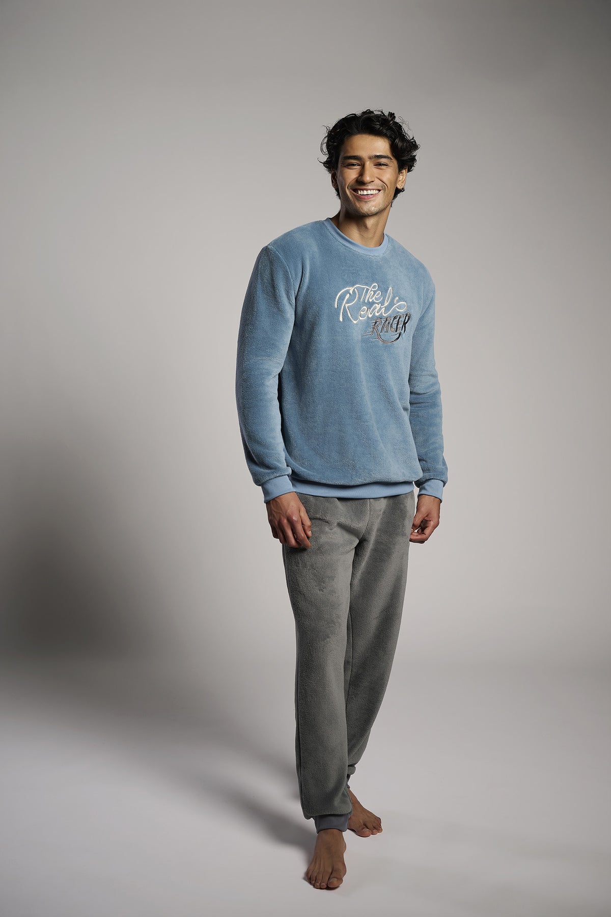 Pijama largo uomo polar coralina azul y gris The Real Racer