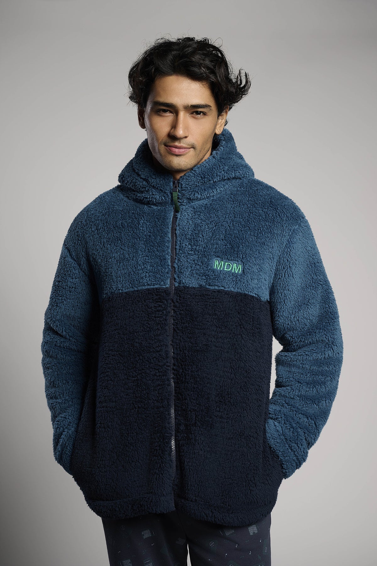 Bata corta polar borreguito uomo cierre cremallera capucha bicolor