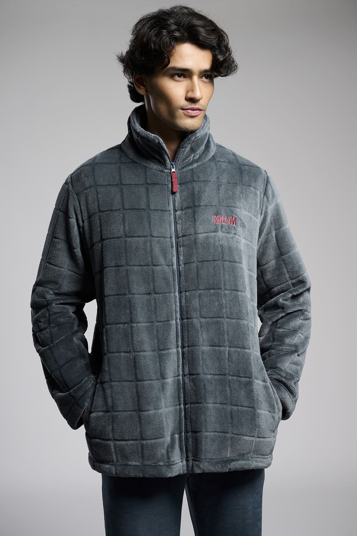 Bata corta polar coralina uomo relieve cuadros gris