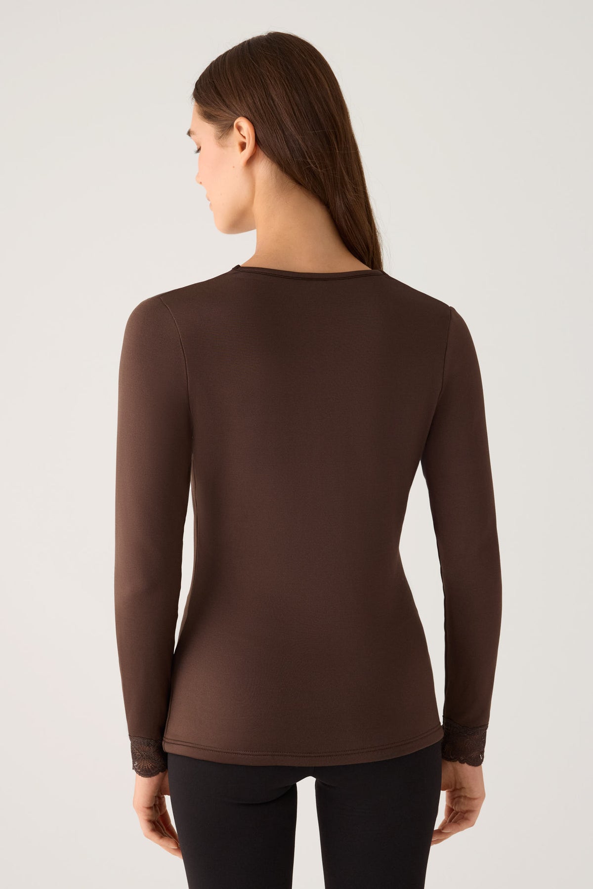 T-shirt termica da donna a maniche lunghe con dettagli in pizzo su scollo e polsini, marrone