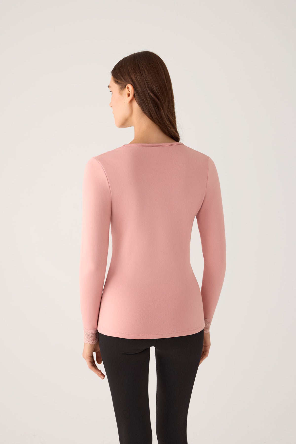 T-shirt termica da donna a maniche lunghe con dettagli in pizzo su scollo e polsini, rosa