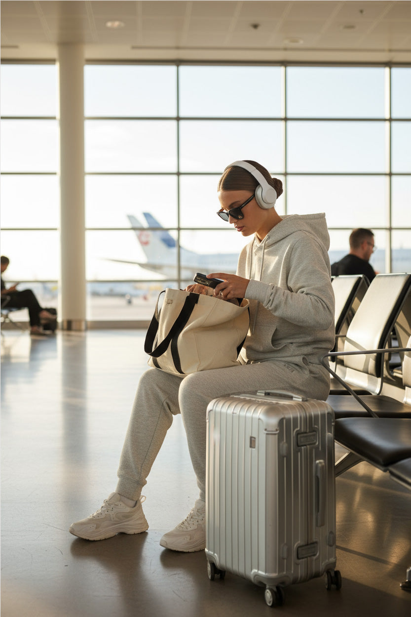 Felpa con cappuccio e jogger grigi in stile viaggio