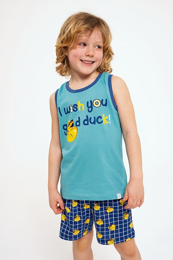 Pigiama per bambini con bretelle in cotone Good Duck blu | MUYDEMI
