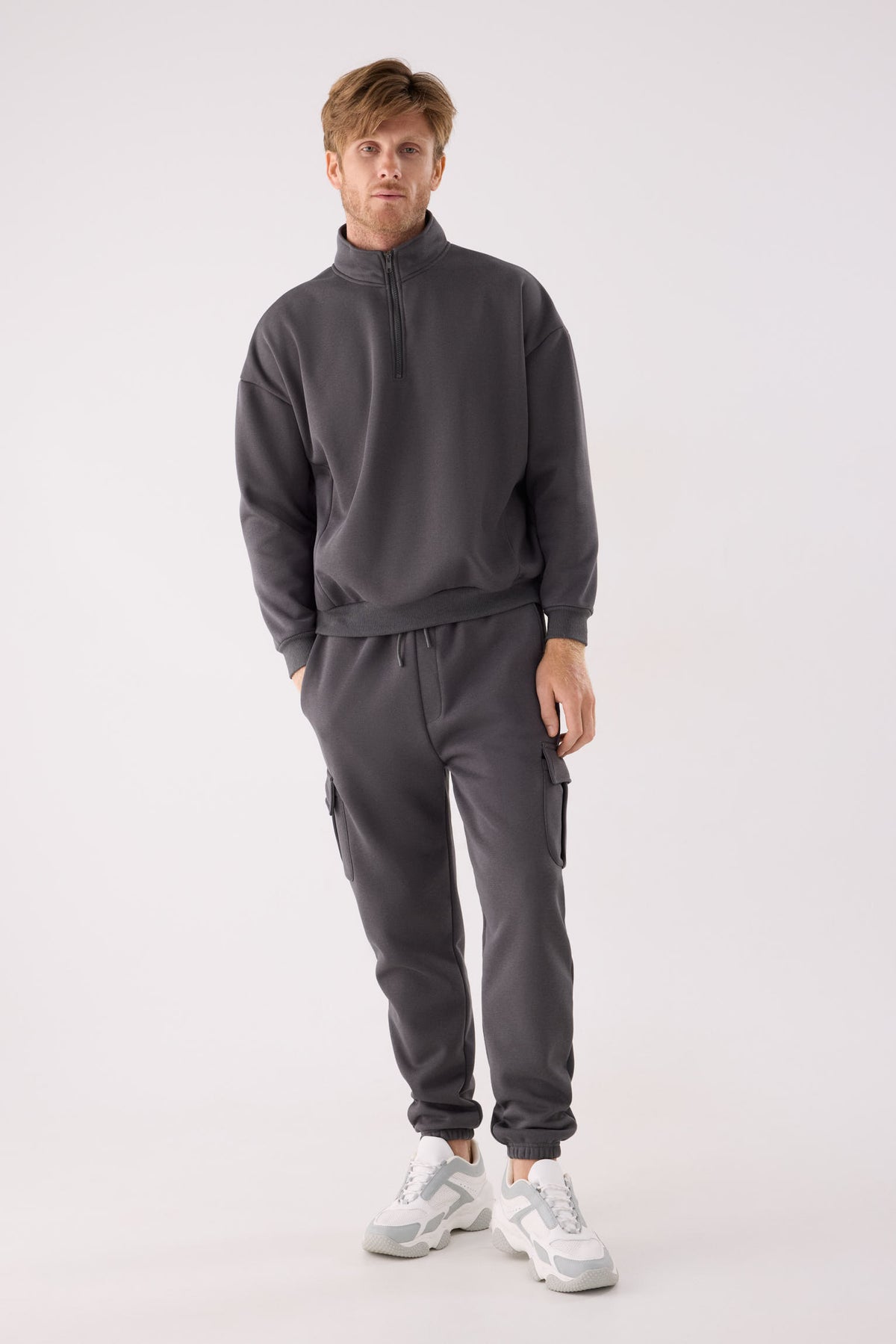 Sudadera sportiva uomo afelpada semi cremallera gris marengo