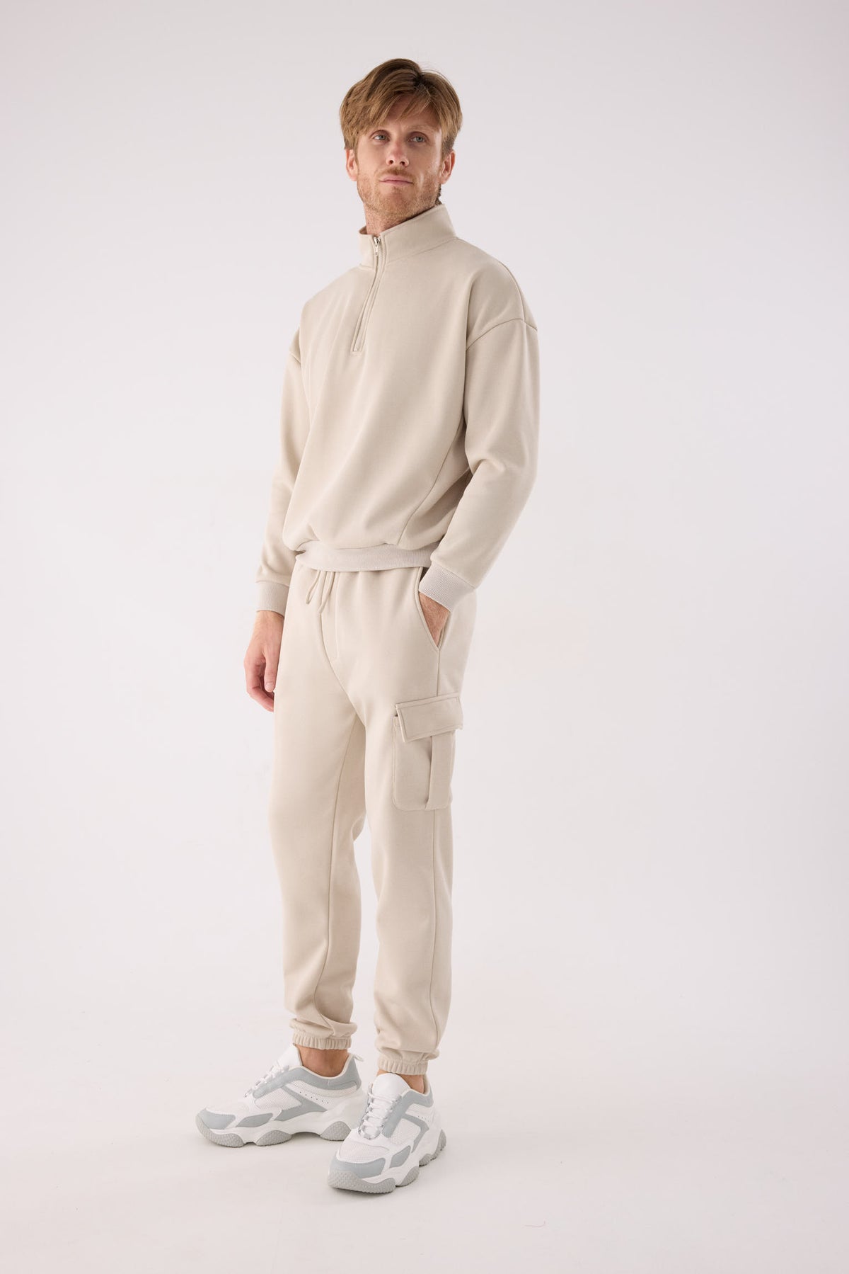 PREVENTA Sudadera sportiva uomo afelpada semi cremallera beige