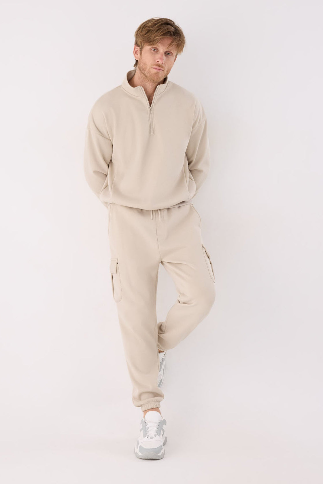 PREVENTA Sudadera sportiva uomo afelpada semi cremallera beige
