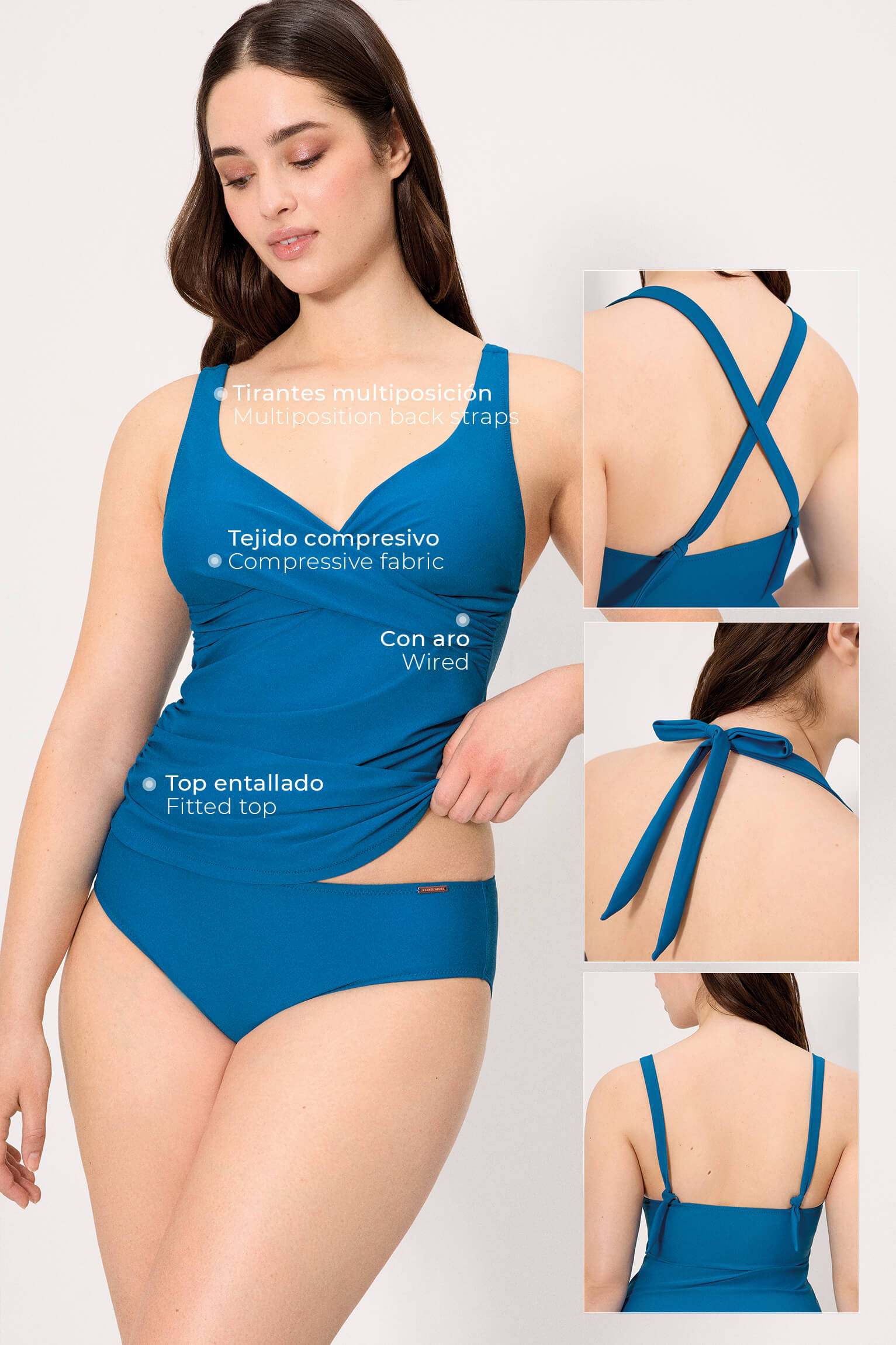 Completo composto da tankini blu con ferretto e slip midi, coppa C