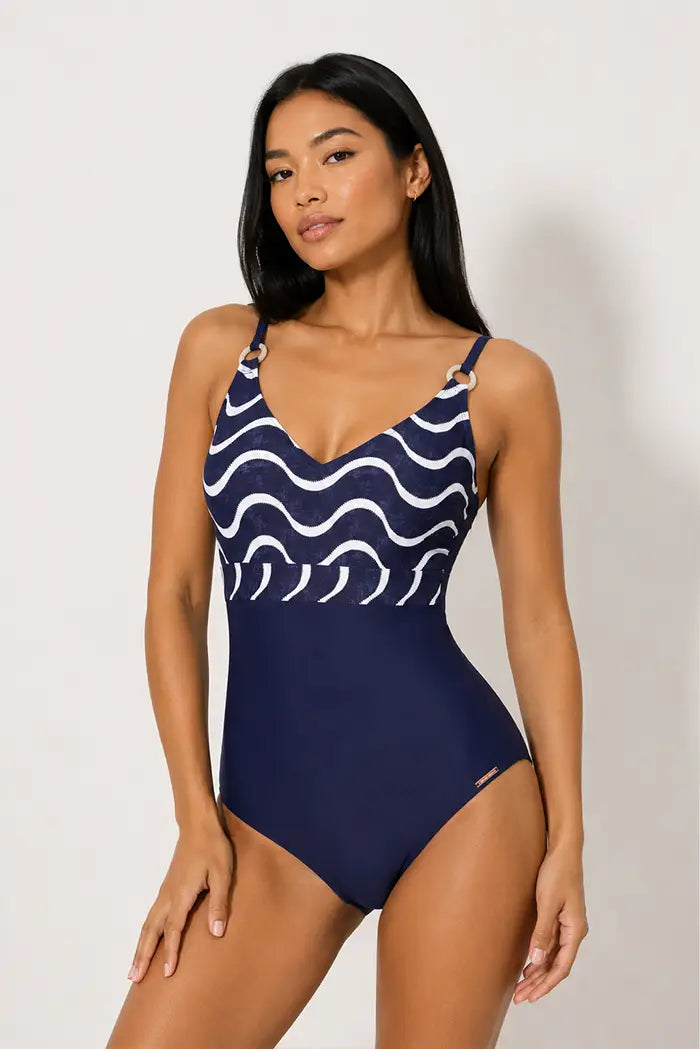 Costume da bagno modellante con stampa onde marine, coppa B
