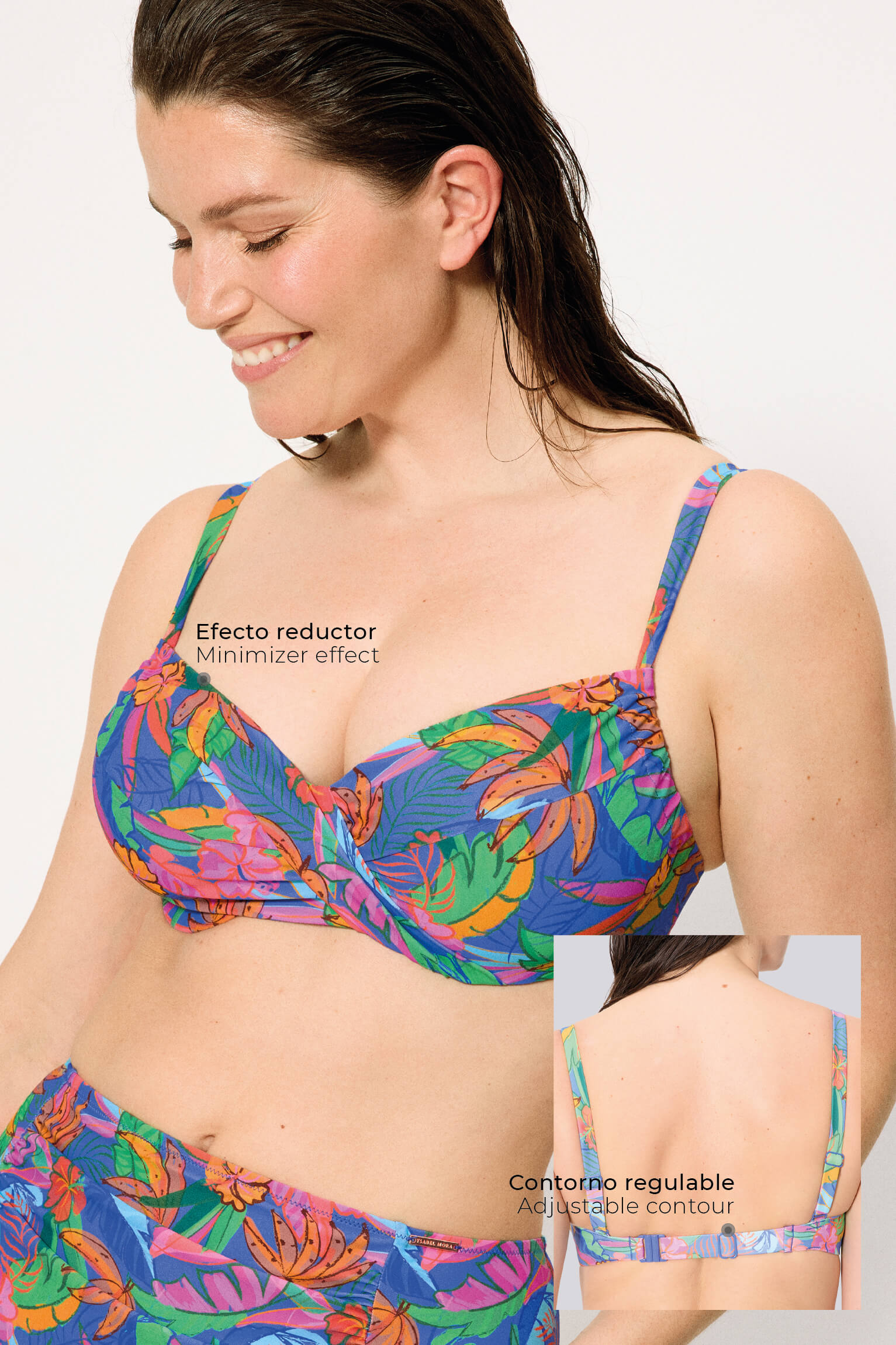 Top bikini con stampa tropicale e ferretto regolabile, coppe C e D