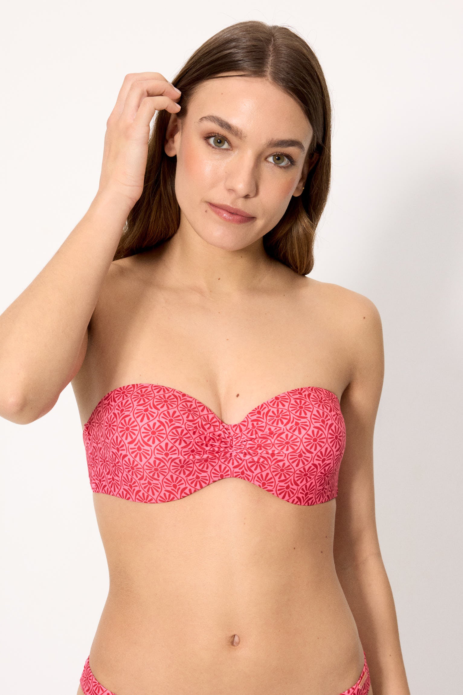 Reggiseno bikini push-up a fascia con stampa floreale rosa e rosso, coppa B