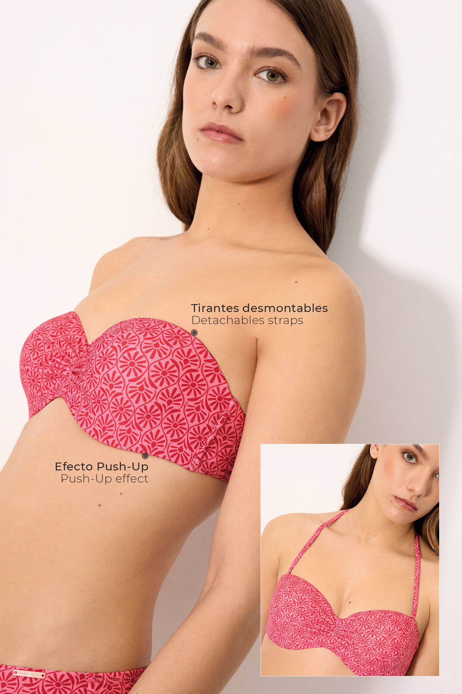 Reggiseno bikini push-up a fascia con stampa floreale rosa e rosso, coppa B