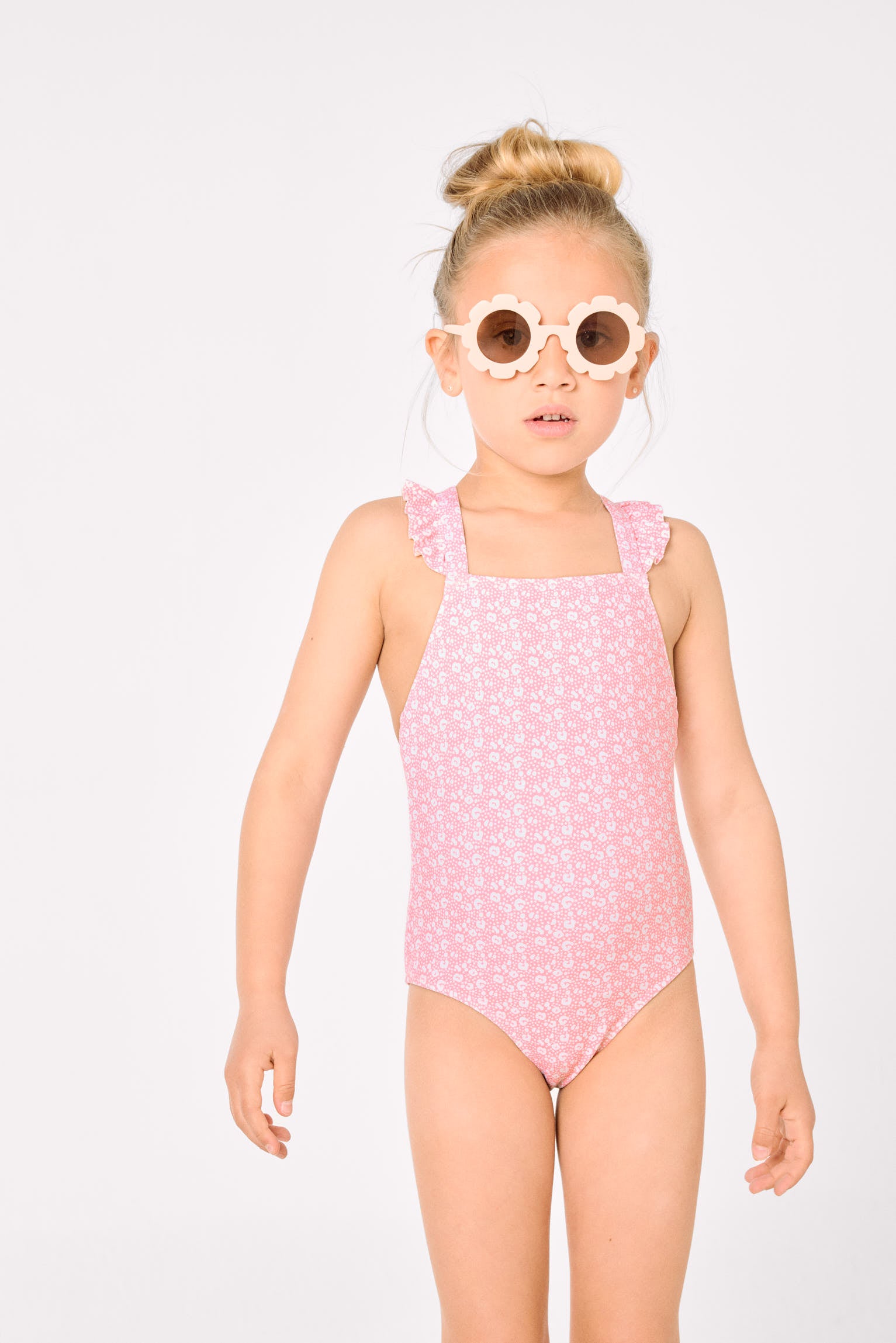 Costume da bagno da bambina con volant e spalline incrociate, stampa leopardata rosa