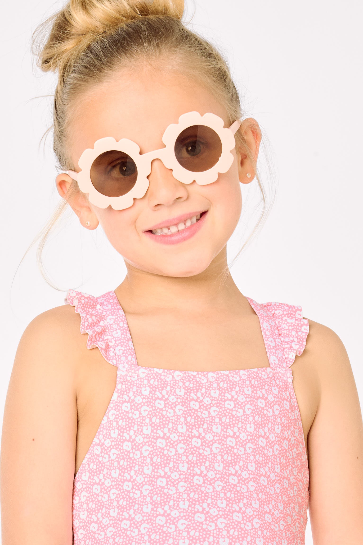 Costume da bagno da bambina con volant e spalline incrociate, stampa leopardata rosa