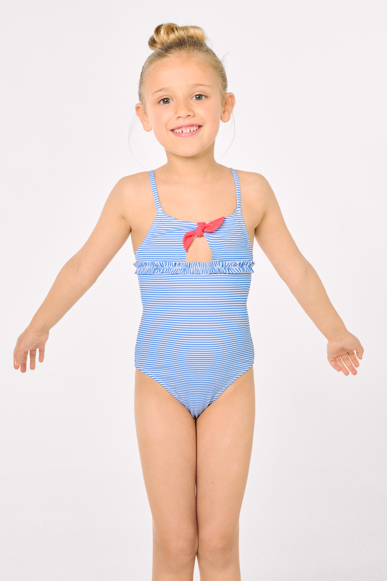 Costume da bagno da bambina con fiocco e volant, stampa a righe