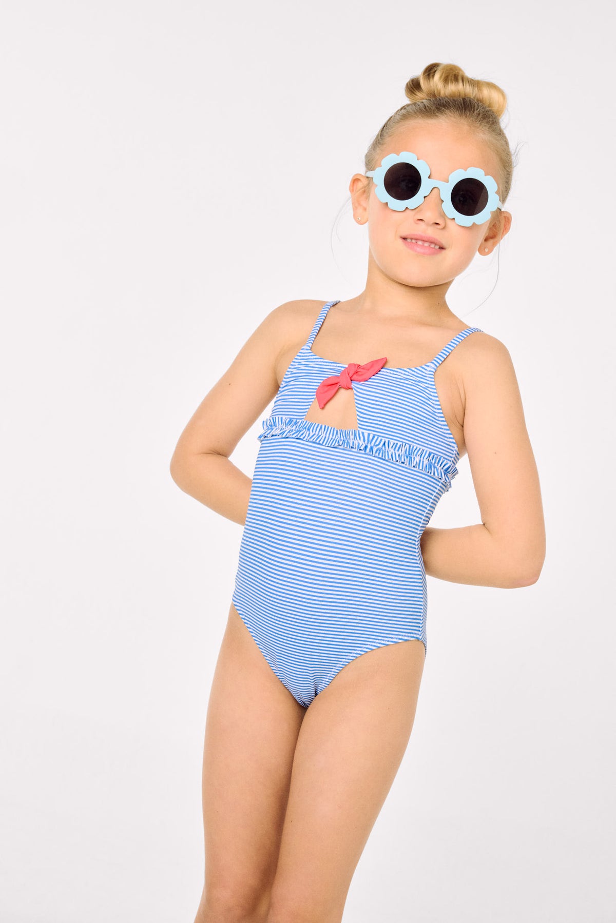 Bañador niña detalle lazo y volantes estampado rayas - Ysabel Mora
