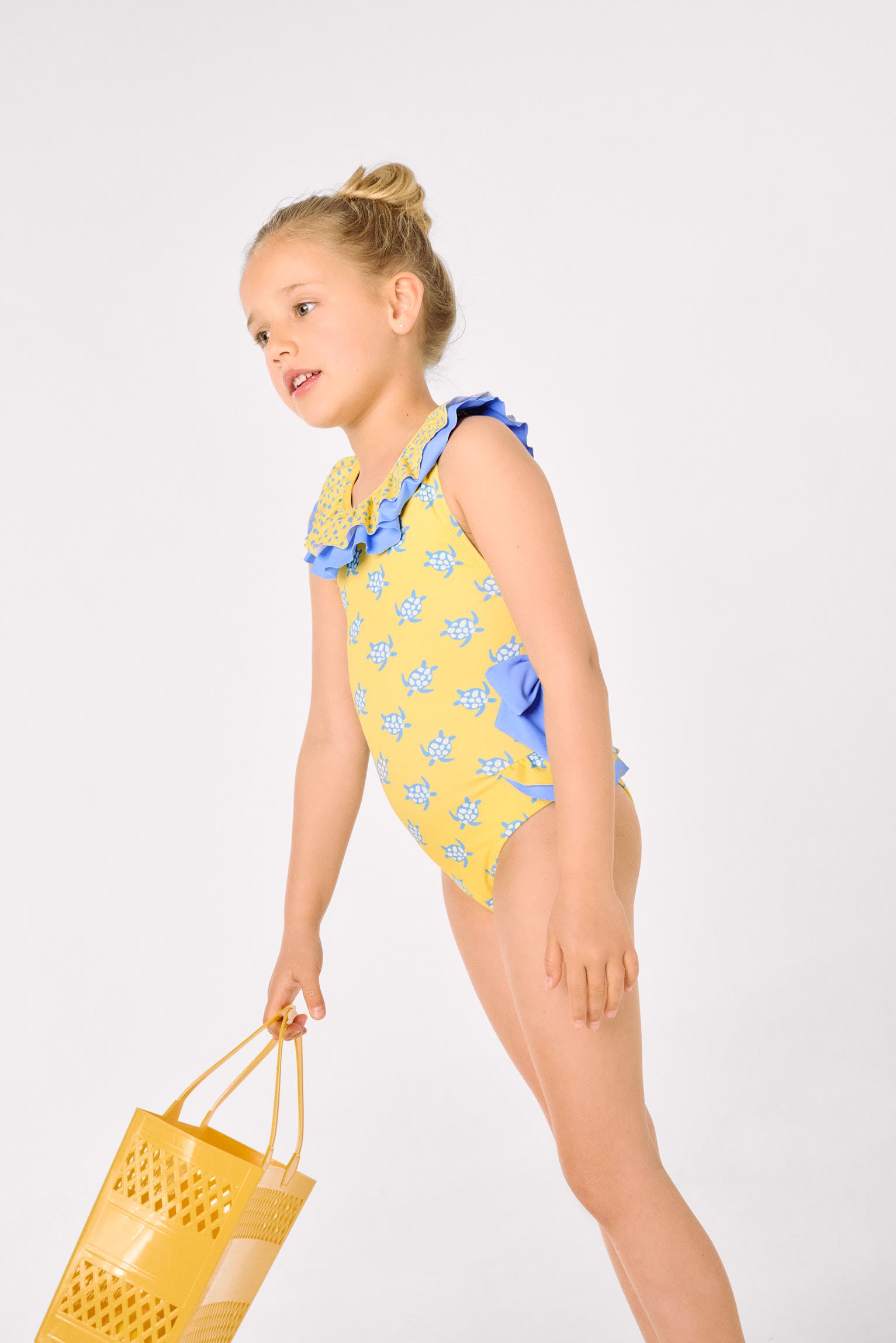 Costume da bagno per bambina con volant e fiocchi, stampa tartaruga