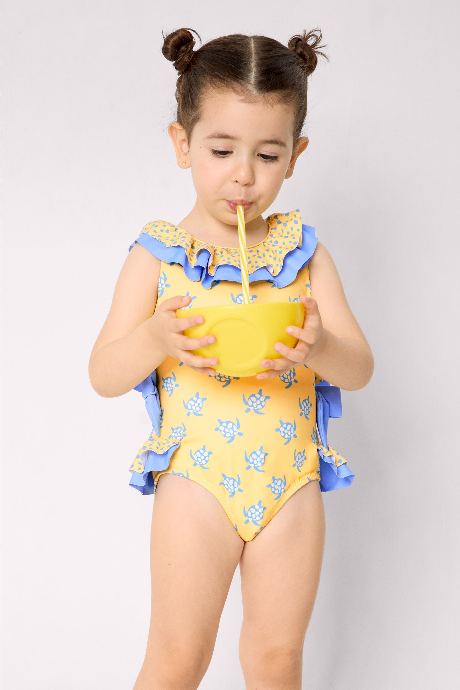 Costume da bagno per bambina con volant e fiocchi, stampa tartaruga