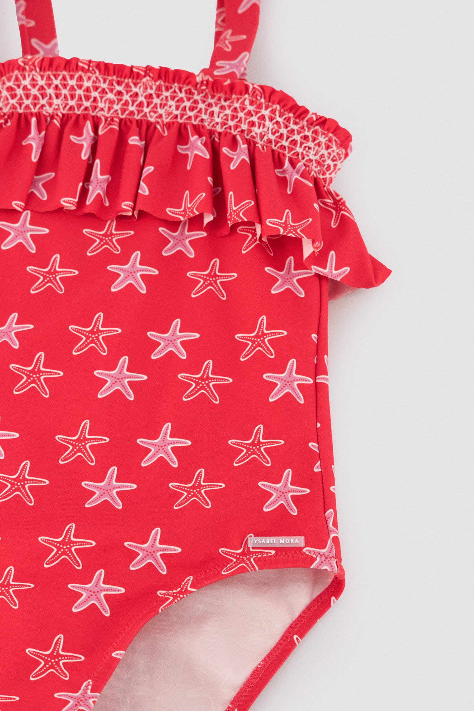 Costume da bagno da bambina con volant stampato a stelle marine