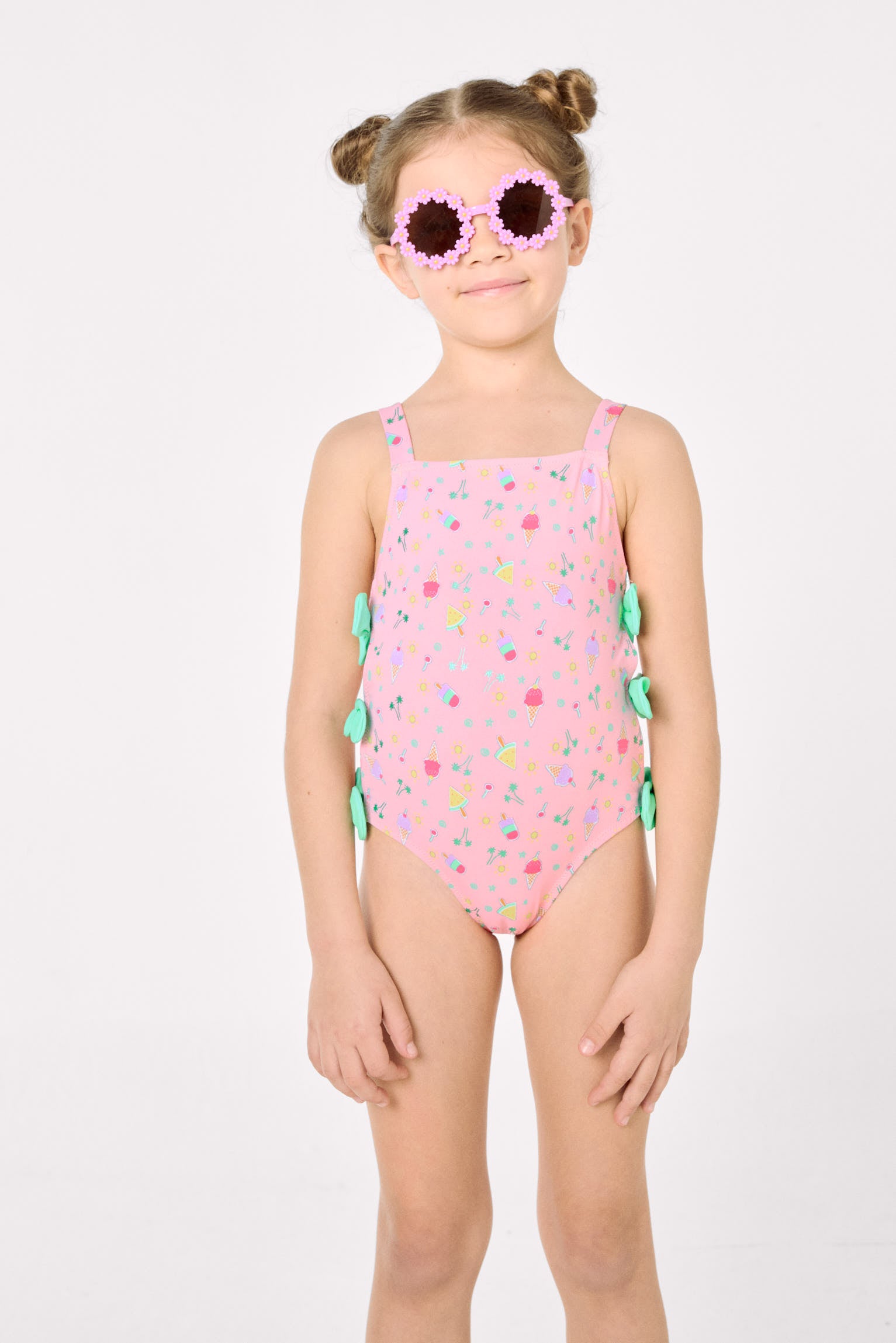 Costume da bagno da bambina con dettagli cut-out e fiocchi, stampa estiva