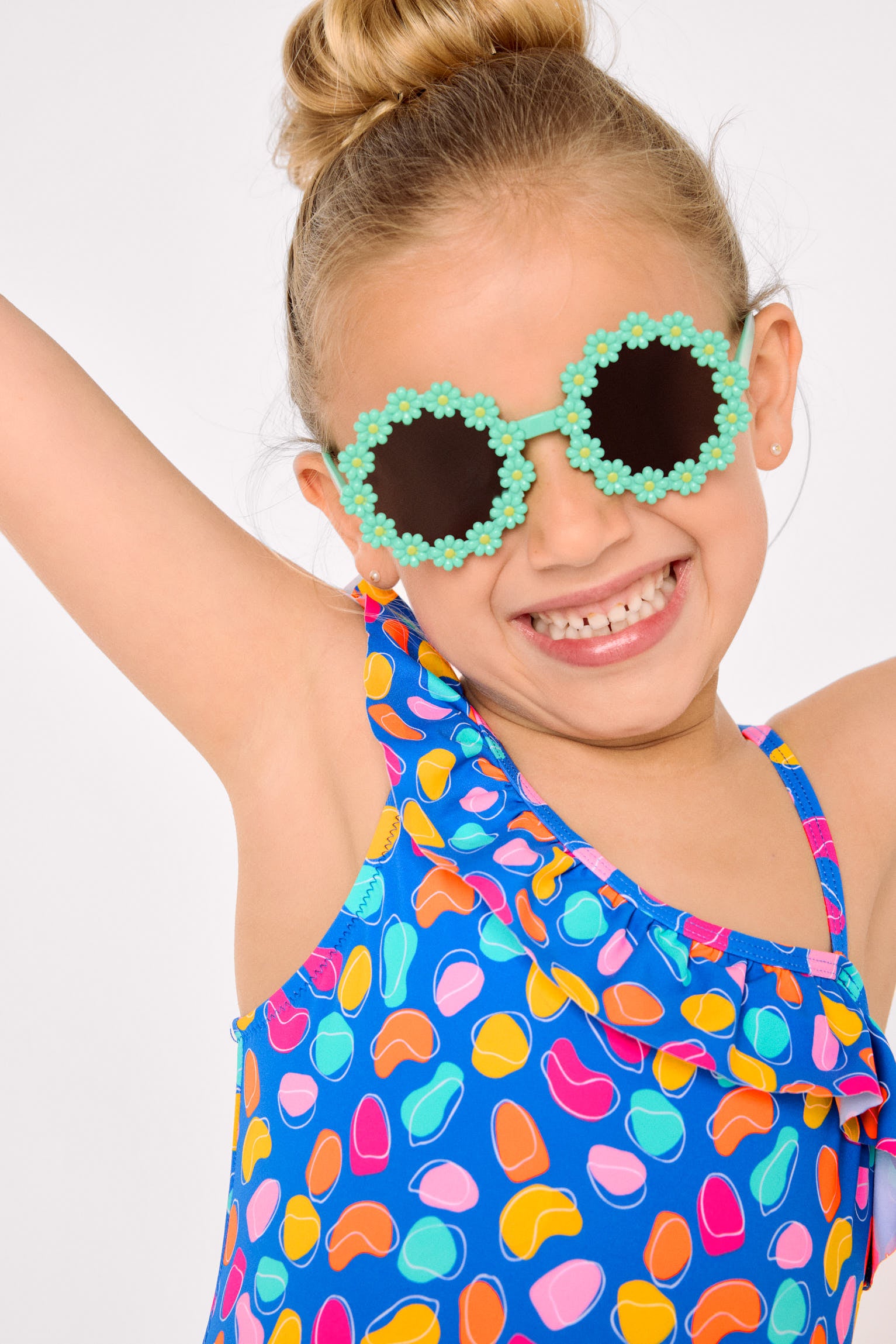 Costume da bagno asimmetrico per bambine con dettaglio volant e stampa ritagliata di forma organica