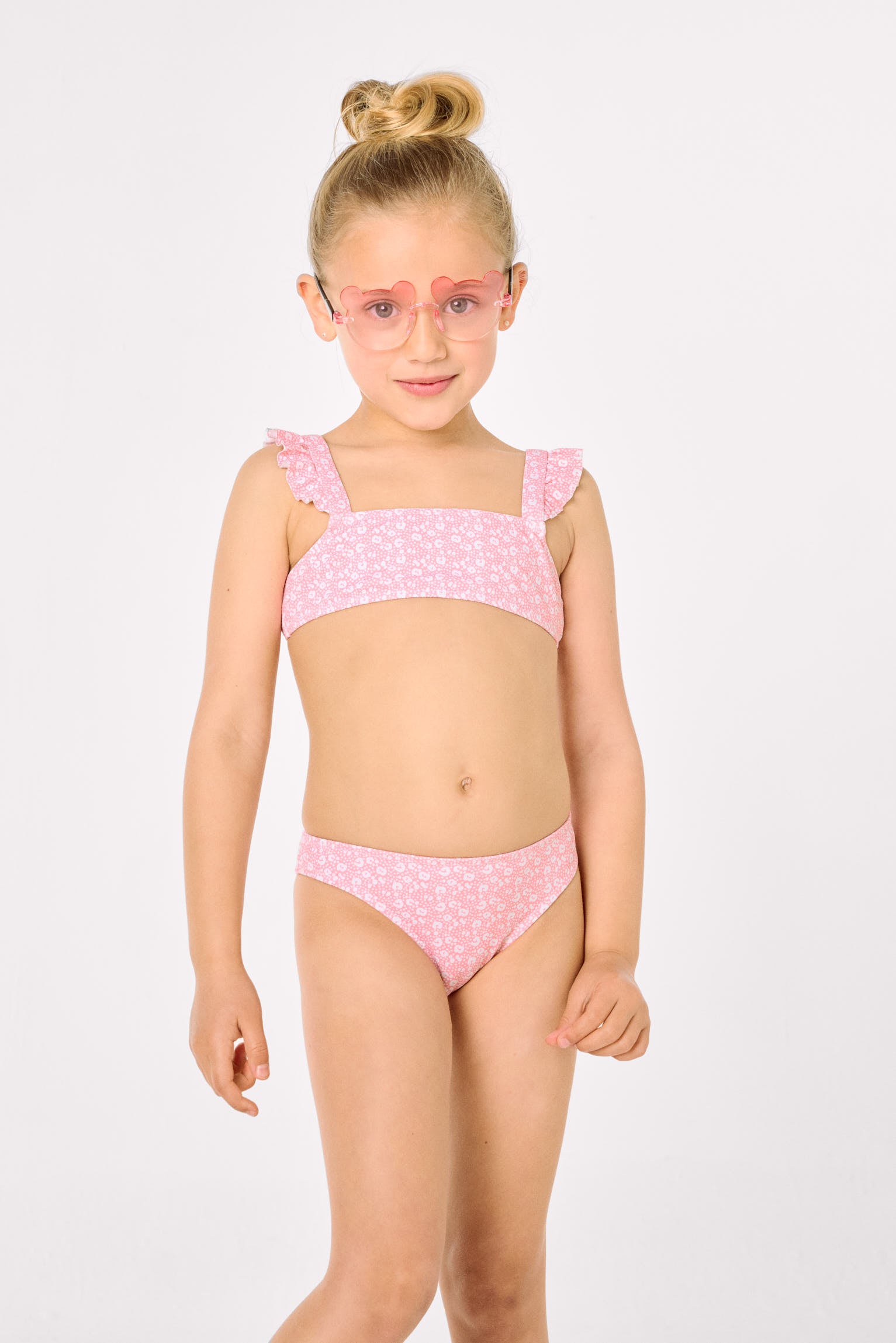 Bikini da bambina con dettagli a balze, stampa leopardata rosa