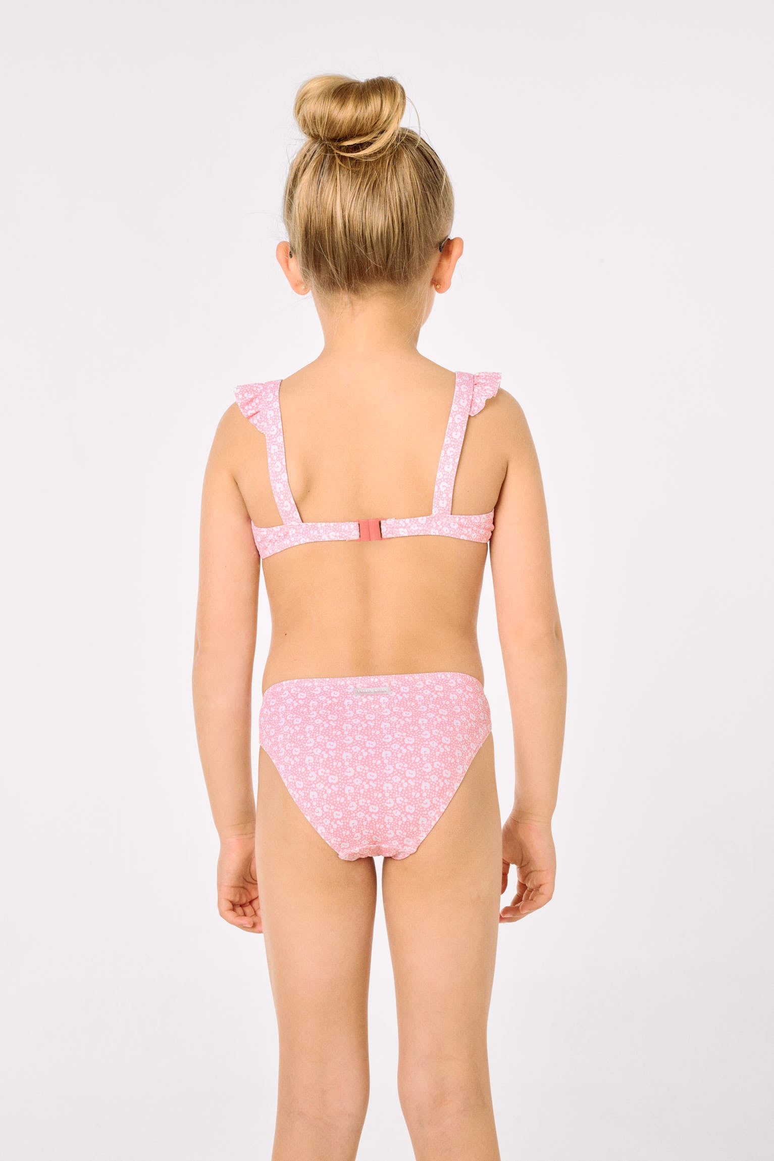 Bikini da bambina con dettagli a balze, stampa leopardata rosa