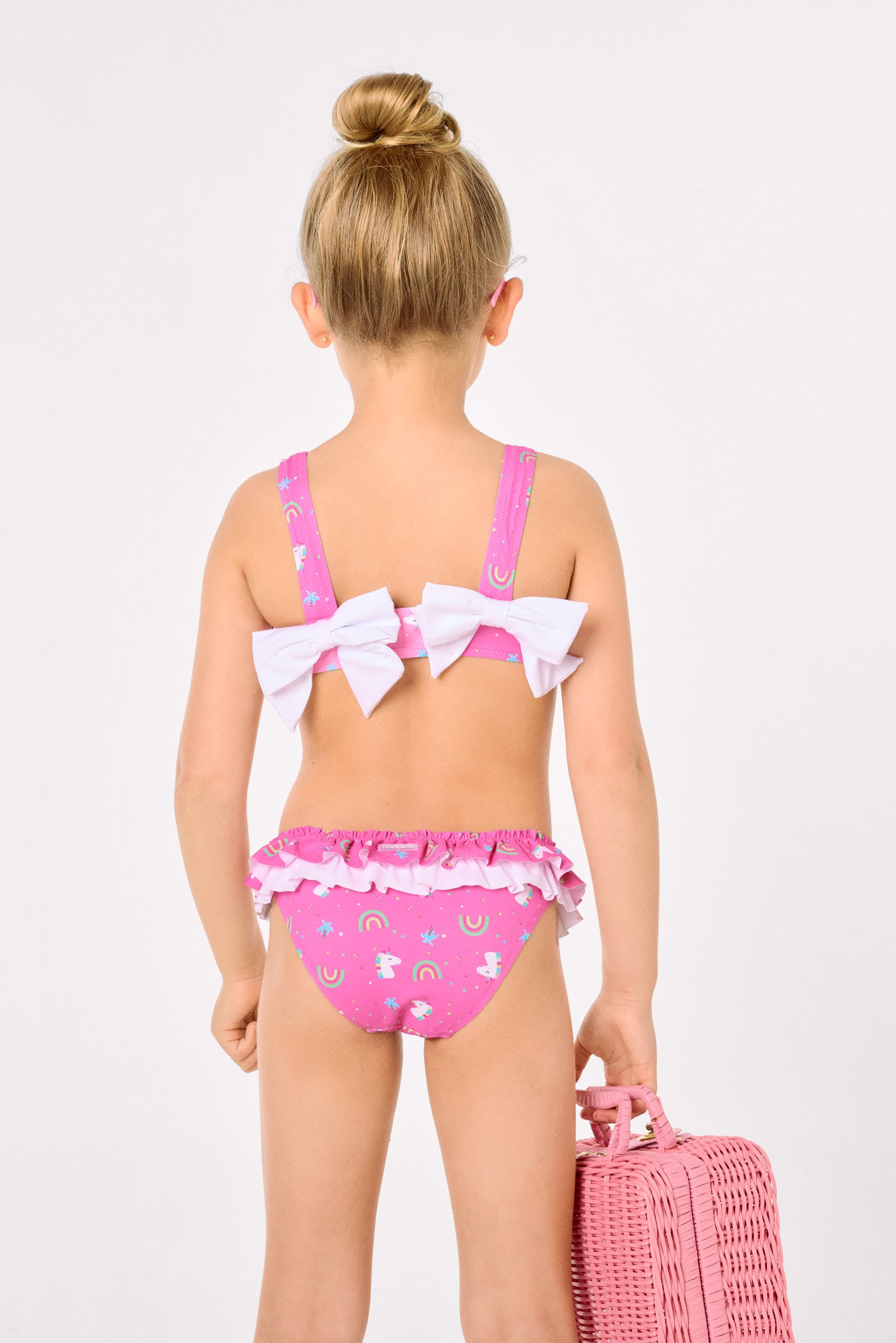 Bikini da bambina con volant e fiocco, stampa unicorno