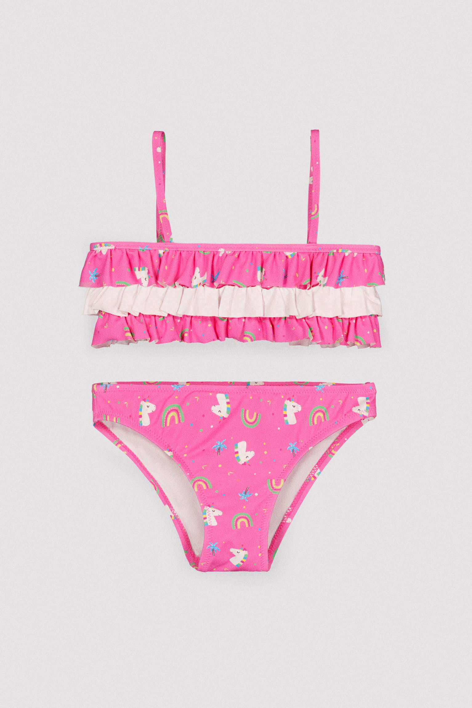 Bikini da bambina con volant stampato con unicorno