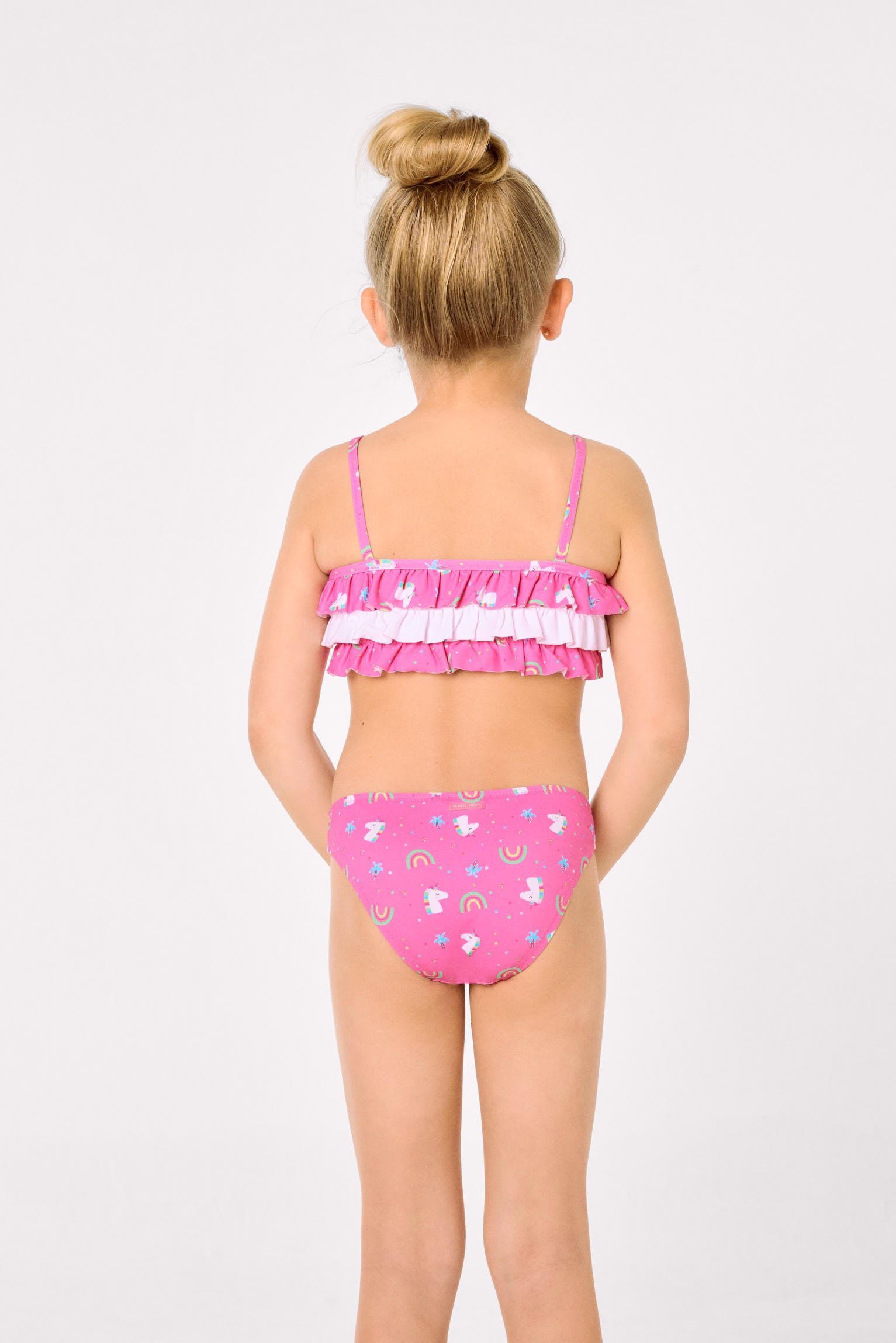 Bikini da bambina con volant stampato con unicorno