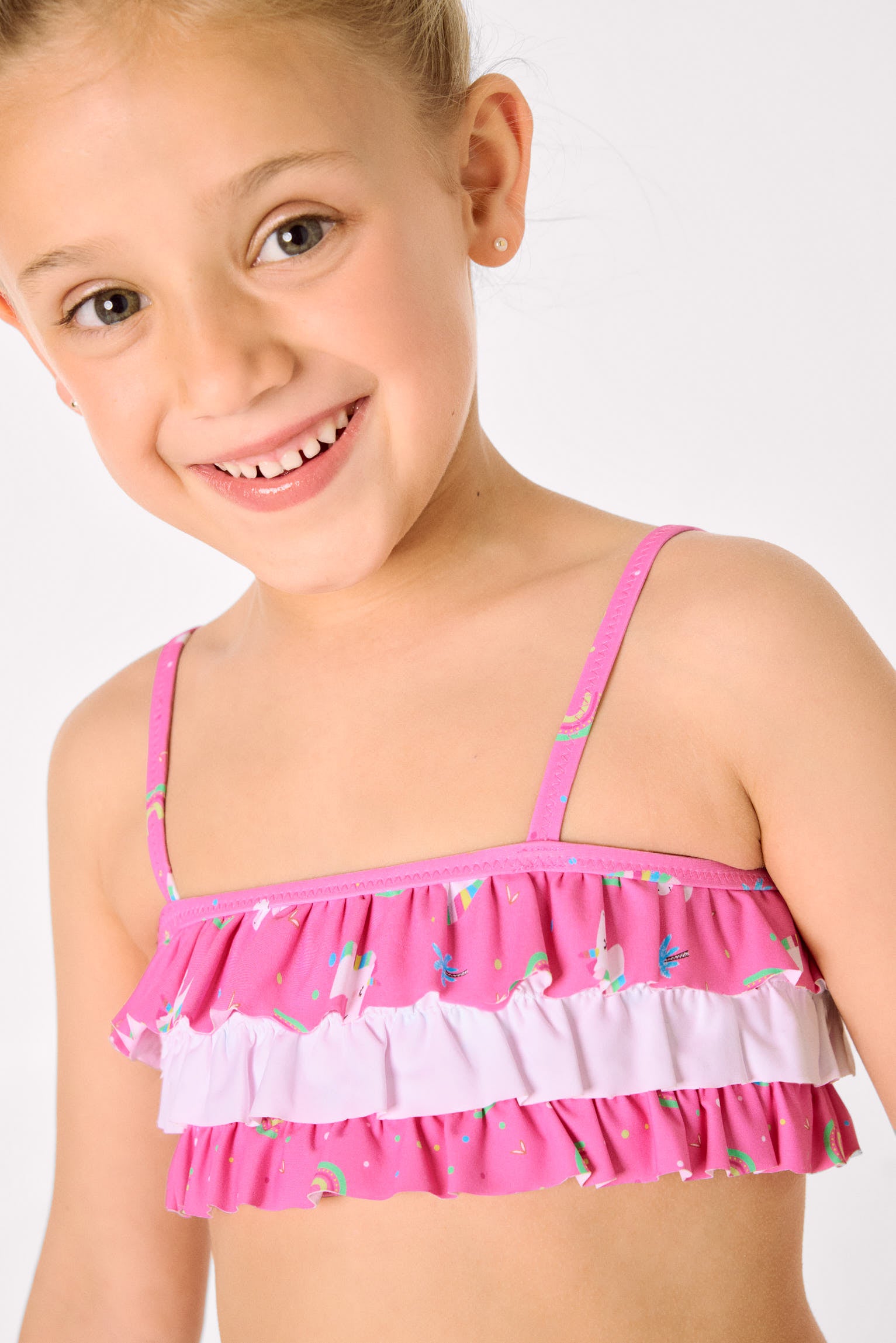 Bikini da bambina con volant stampato con unicorno