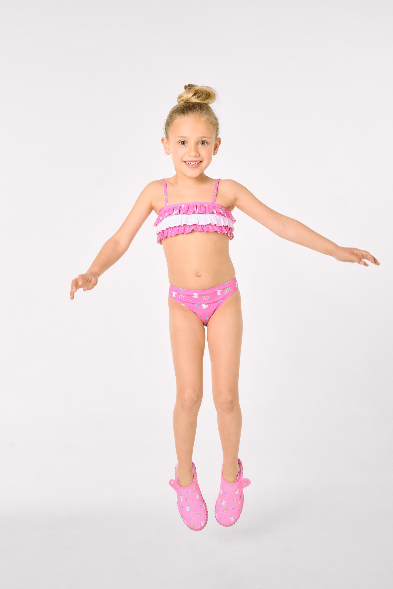Bikini da bambina con volant stampato con unicorno