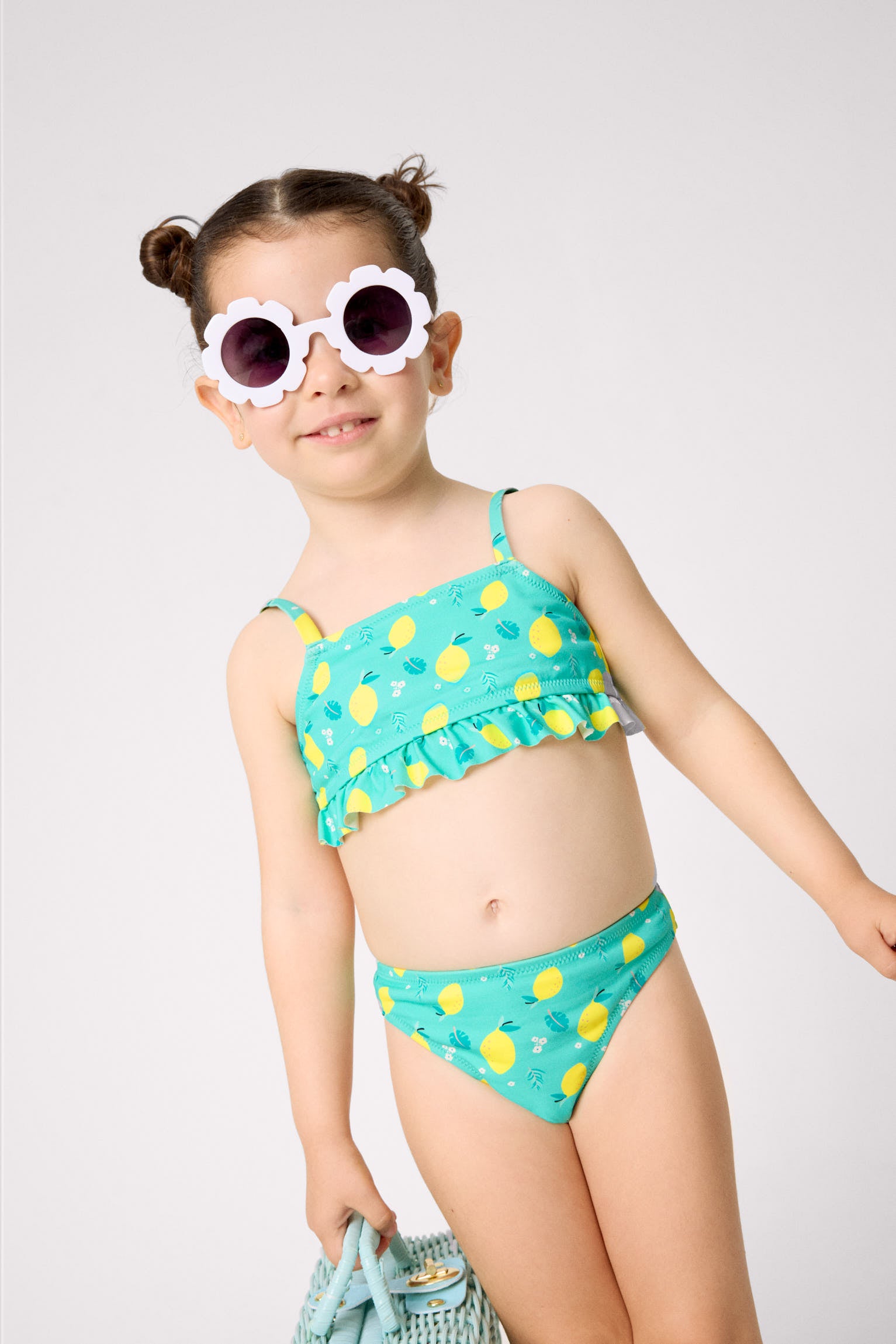Bikini da bambina con volant stampato a limone