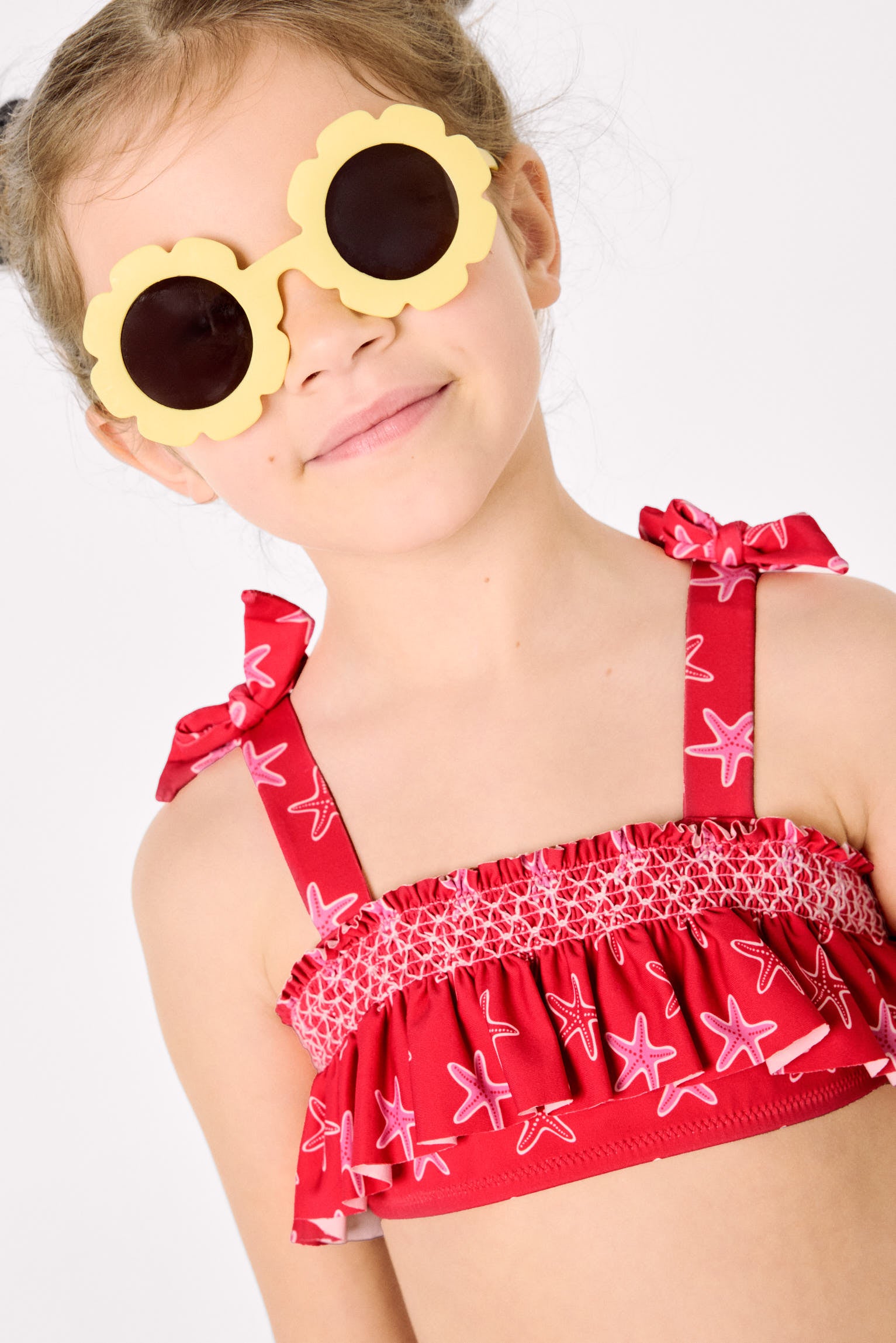 Bikini da bambina con dettagli a balze e motivo a nido d'ape di stelle marine