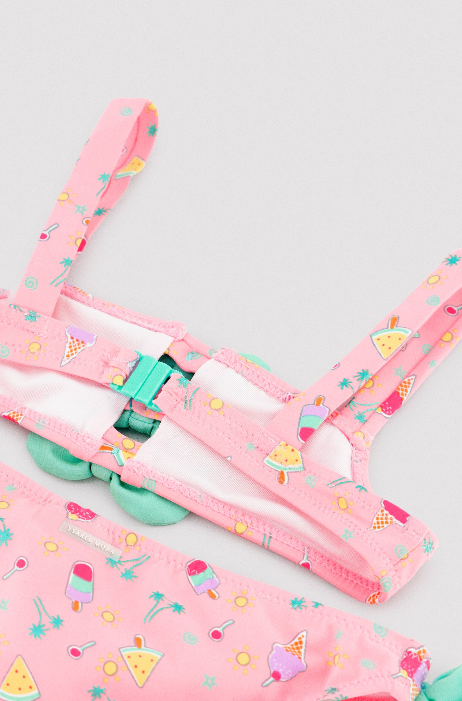 Bikini da bambina con dettagli a fiocco e stampa estiva a forma di gelato