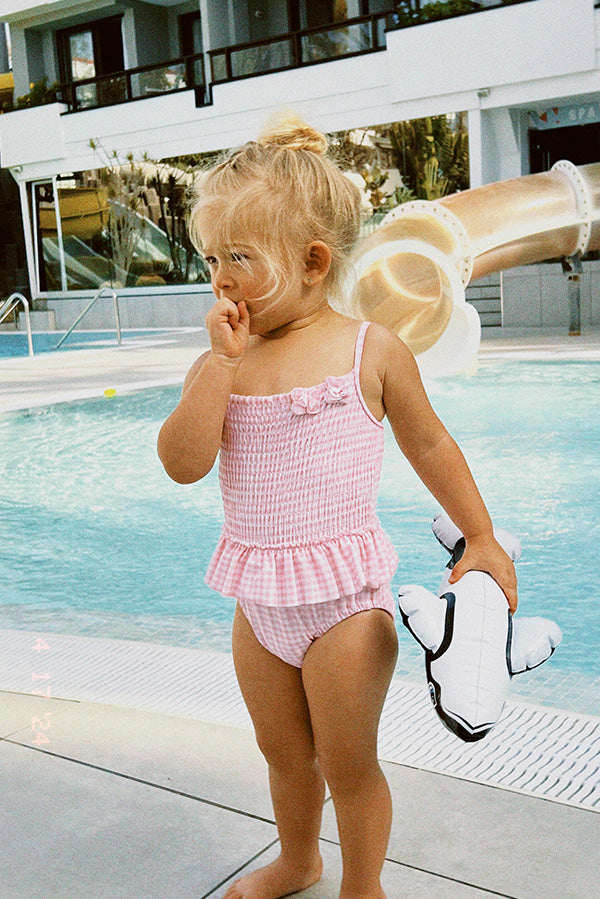 Costume da bagno per neonato a nido d'ape a quadretti rosa