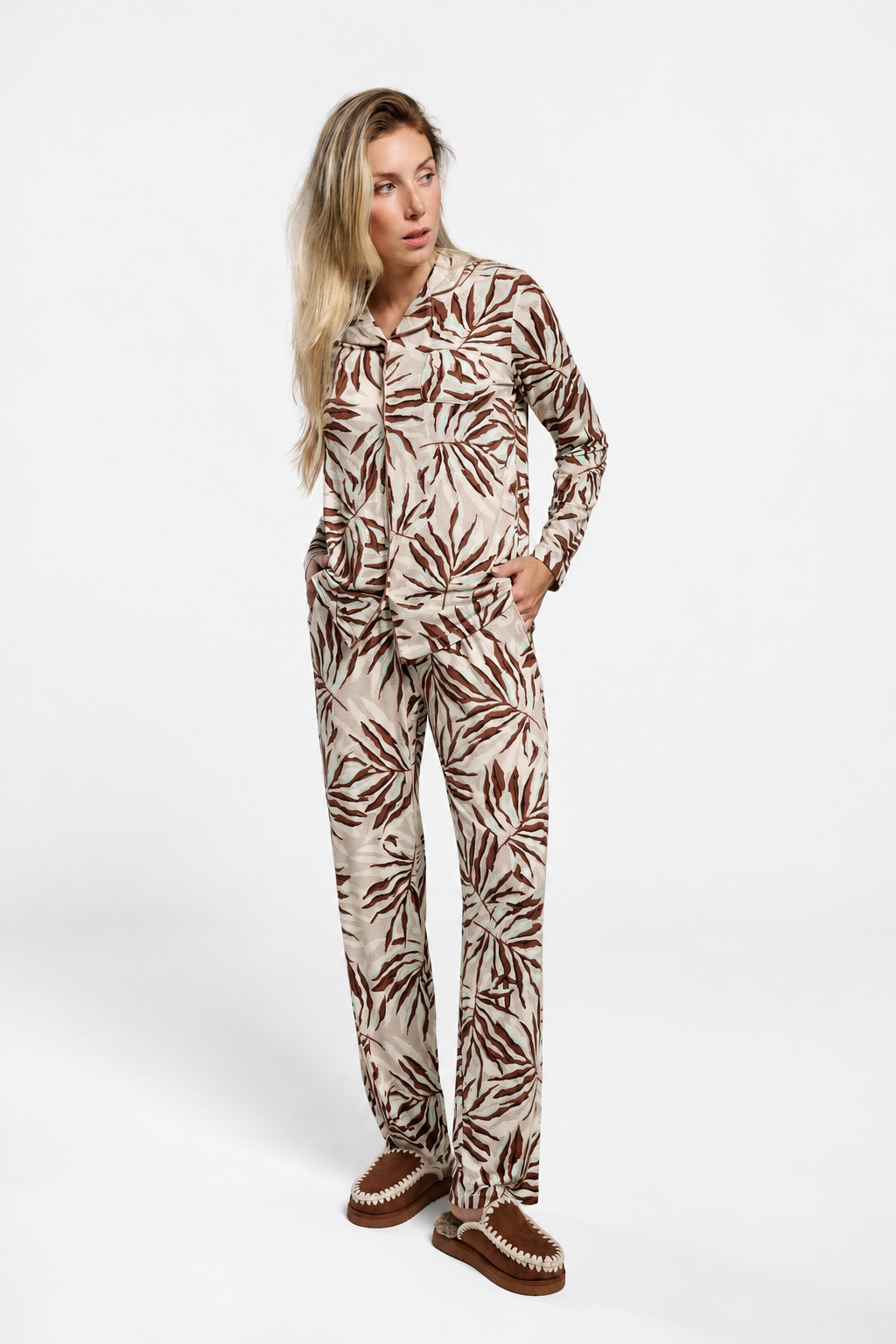Pigiama lungo ligero donna camisero stampa tropical