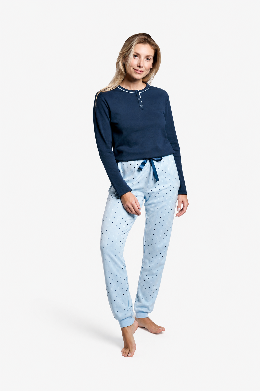 Pigiama lungo afelpado donna stampa pois blu