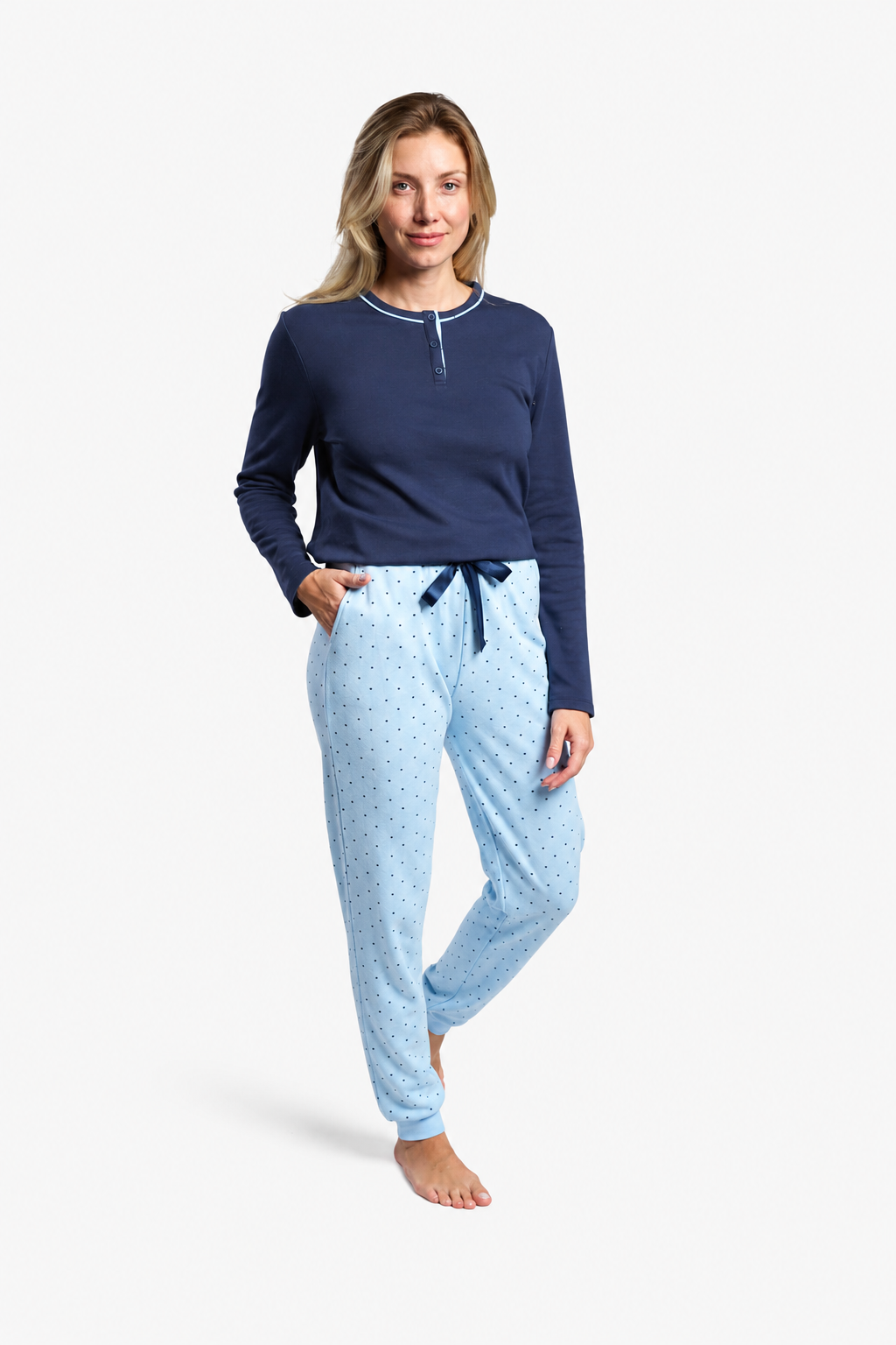 Pigiama lungo afelpado donna stampa pois blu