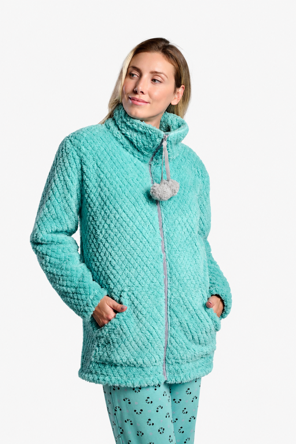 Bata corta polar borreguito donna verde detalle pompones