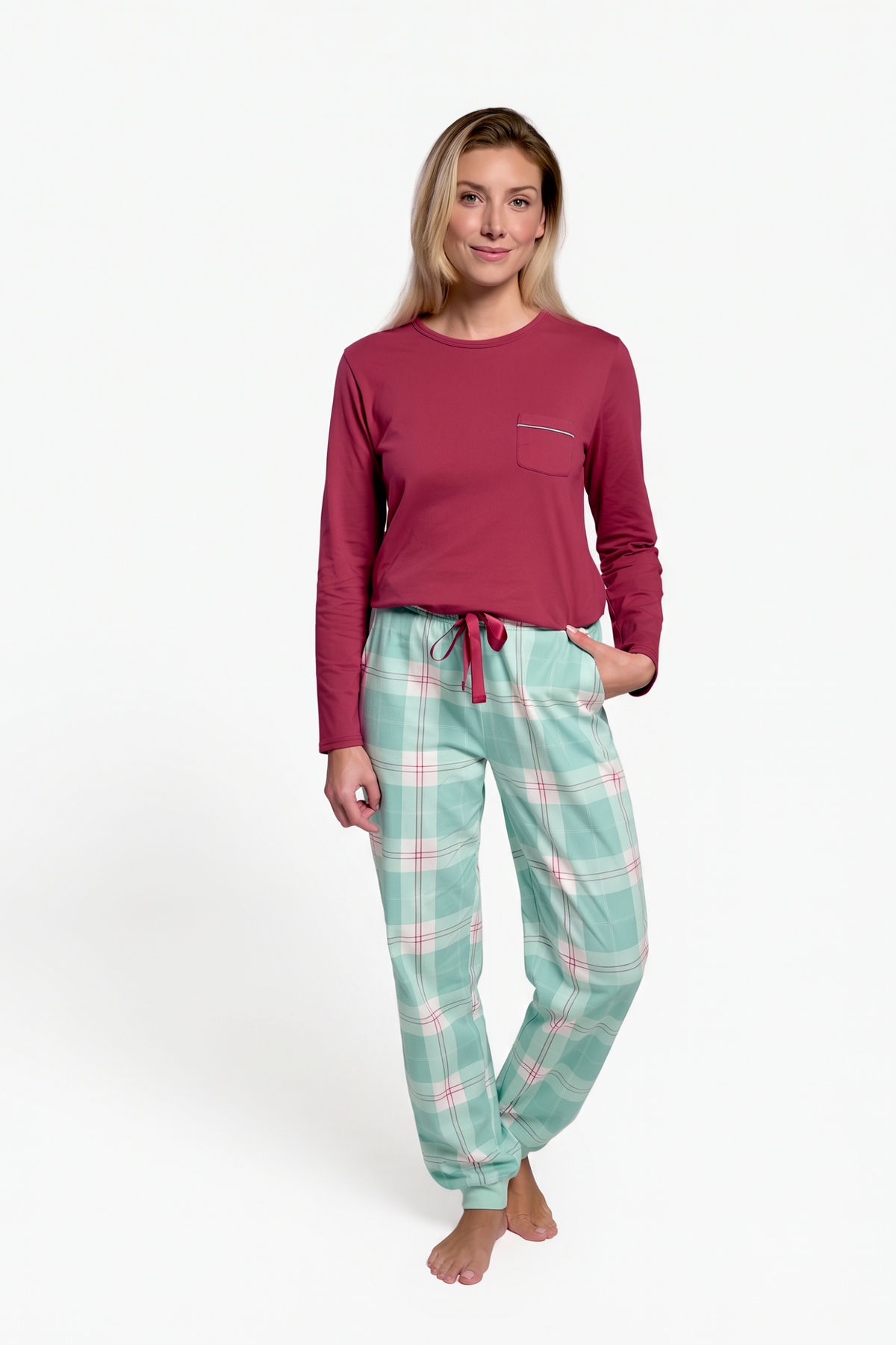 Pigiama lungo cotone donna stampa cuadros verde y rosso