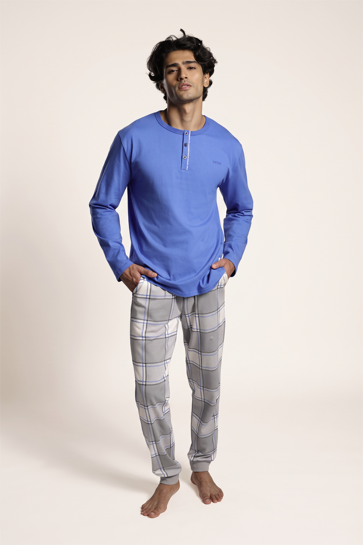 Pigiama lungo uomo cotone cuello henley stampa cuadros