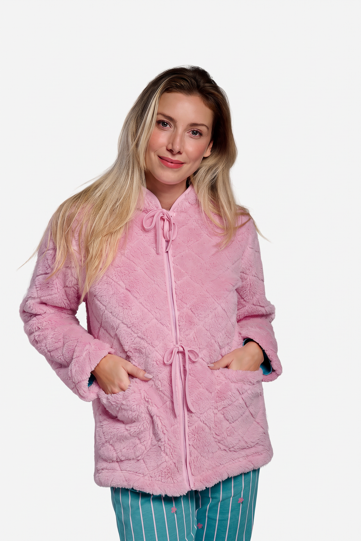 Bata corta polar borreguito donna rosa detalles lazos