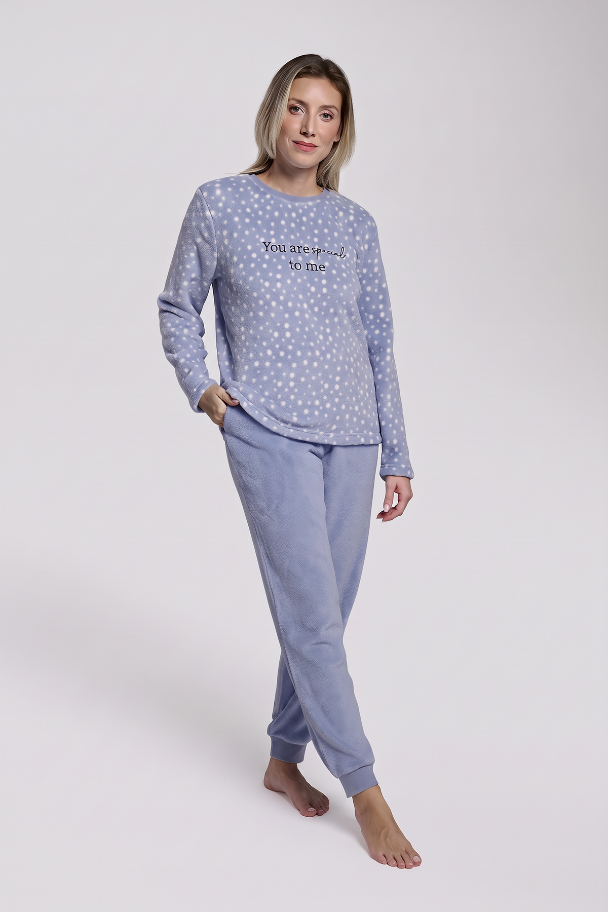 Pigiama lungo polar coralina donna blu stampa pois