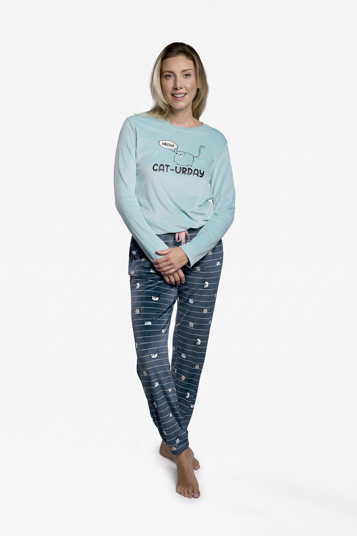 Pigiama lungo de terciopelo donna blu stampa gatos