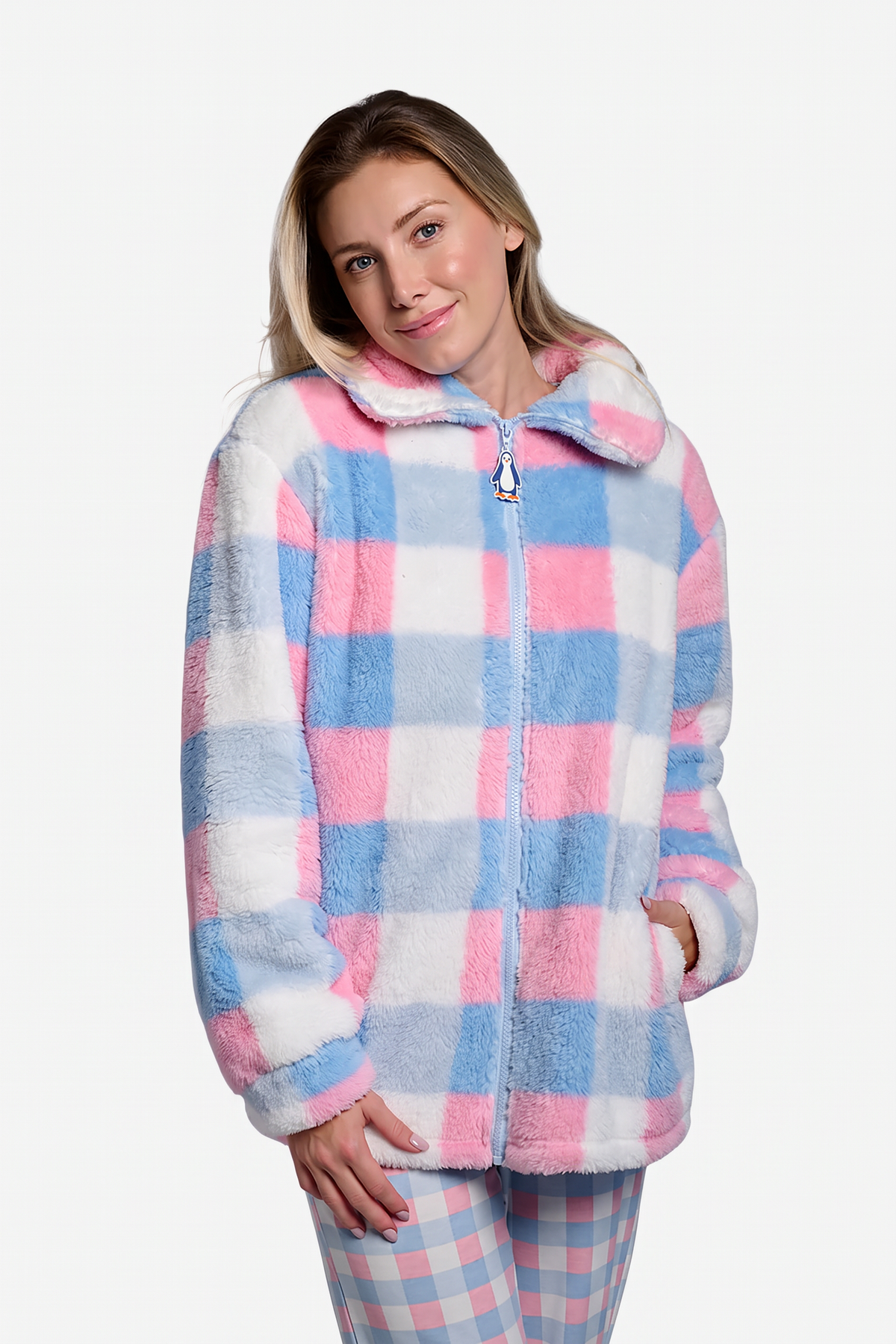 Bata corta polar borreguito donna cuadros con cremallera